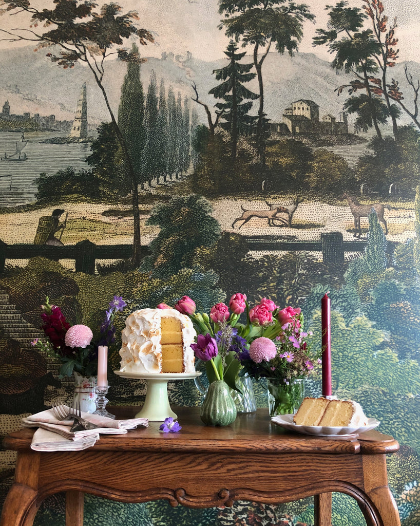 Seasonal still life featuring a cake from a Skye McAlpine recipe, styled with fresh flowers—evoking warmth, gathering & the quiet shift from summer to autumn. Available at Michelle Kindness Design.