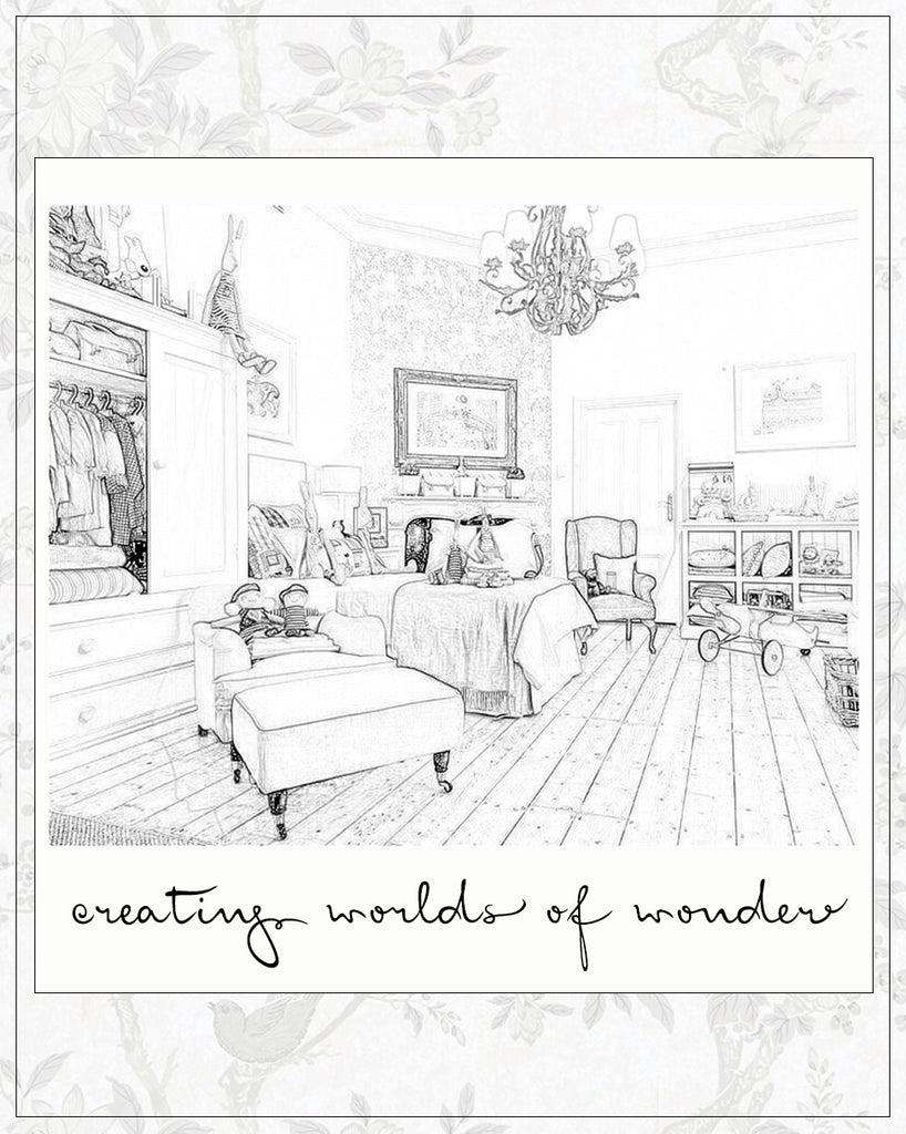 Illustrated interior of the Michelle Kindness Design children’s space, with the phrase “creating worlds of wonder” beneath—celebrating imagination and play.