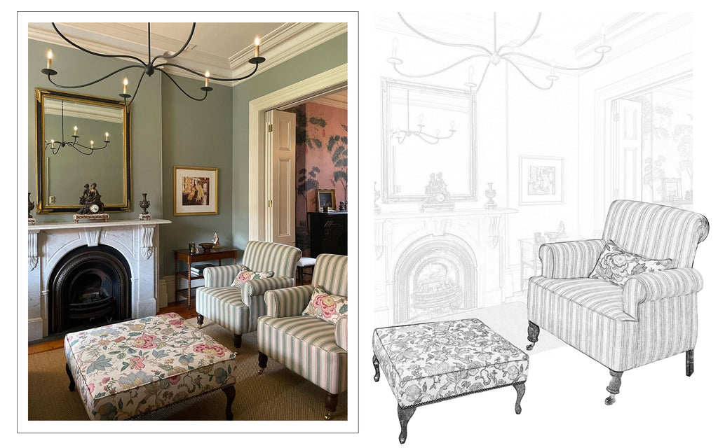 Composite image featuring a styled living area with bespoke furniture by Michelle Kindness Design in green and pink tones with florals and wallpaper, alongside an illustration of the interior, chair, and ottoman included in the Bespoke Collection.