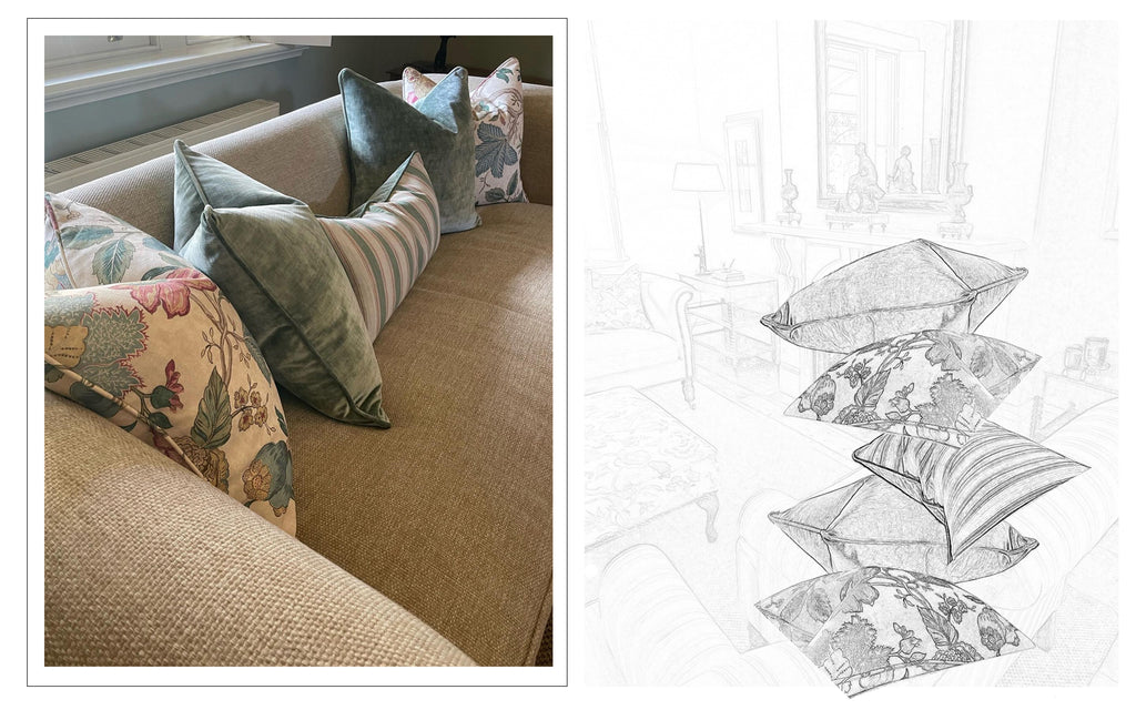 Composite image showing a cropped photograph of floral and velvet cushions on a linen sofa by Michelle Kindness Design, alongside an illustration of a coordinating cushion stack.