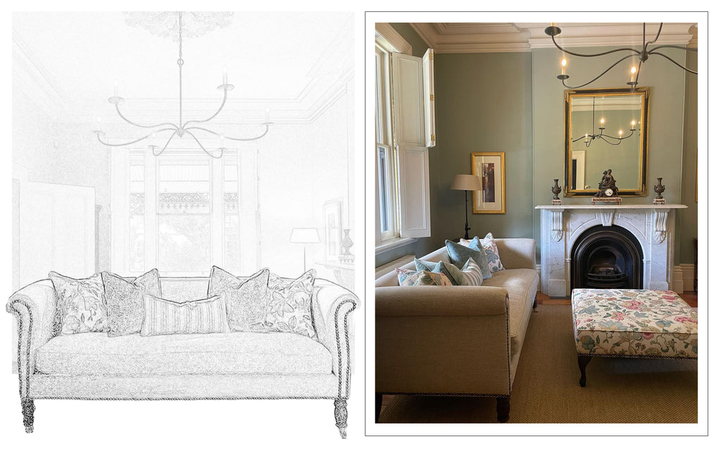 Composite image showing an illustrated sofa by Michelle Kindness Design in a living room setting, alongside a photograph of the same space with soft green walls, a linen sofa, and floral cushions.