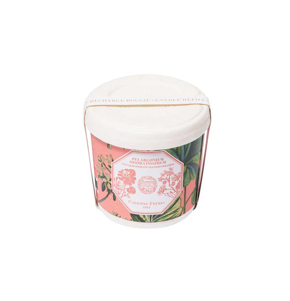 Geranium (Pelargonium odoratissimum) candle refill by Carrière Frères—shown in its eco-conscious packaging. Available at Michelle Kindness Design.