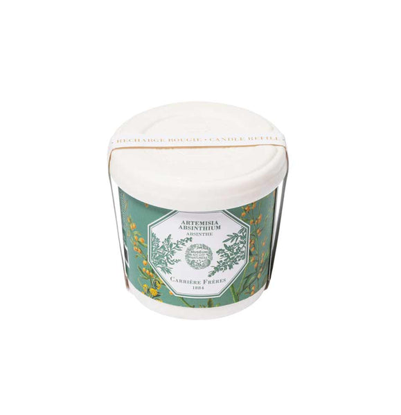 Absinthe (Artemisia Absinthium) candle refill by Carrière Frères—shown in its eco-conscious botanical packaging. Available at Michelle Kindness Design.