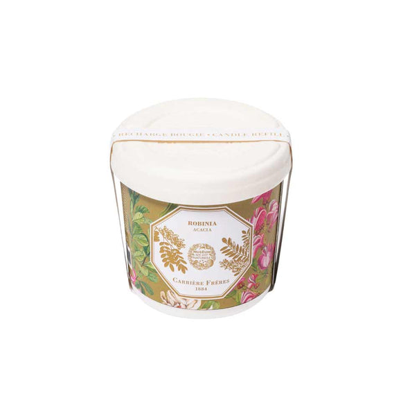 Acacia (Robinia) candle refill by Carrière Frères—shown in its eco-friendly botanical packaging. Available at Michelle Kindness Design.