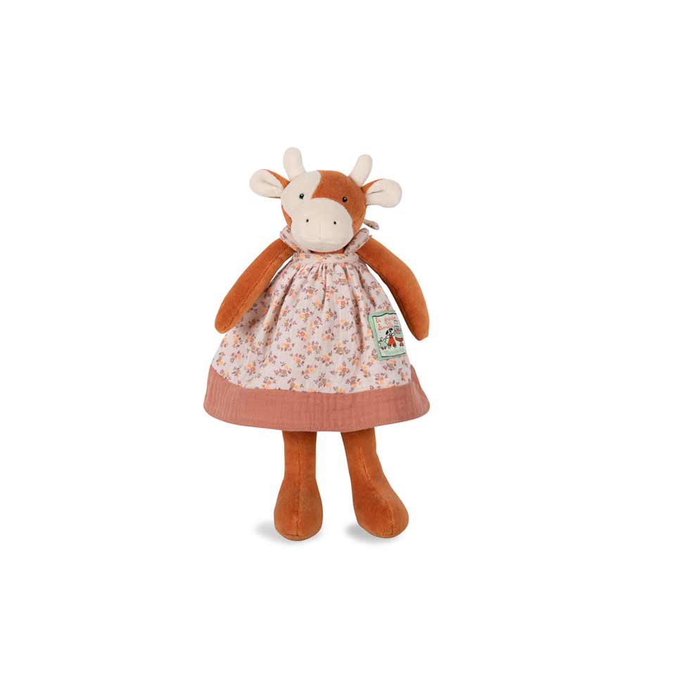 Charlotte the Cow by Moulin Roty in 20cm size—soft plush cow with cream & brown markings, floppy limbs & stitched features. Available at Michelle Kindness Design.