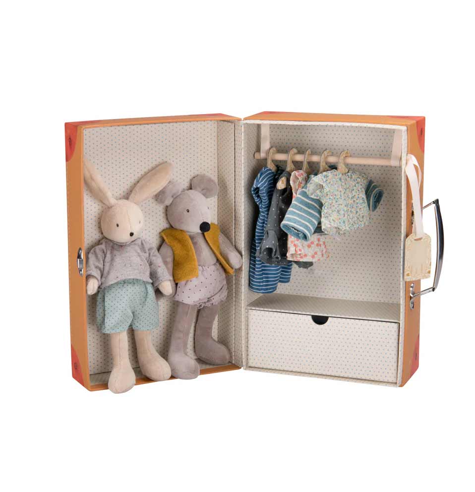 La Petite Armoire from Moulin Roty’s La Grande Famille, shown with a selection of miniature clothes & characters, available at Michelle Kindness Design.