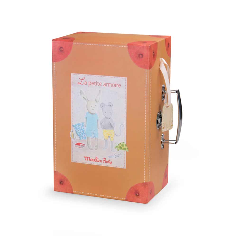 Front view of La Petite Armoire from Moulin Roty’s La Grande Famille—closed suitcase featuring soft vintage-style illustration & carry handles, available at Michelle Kindness Design.