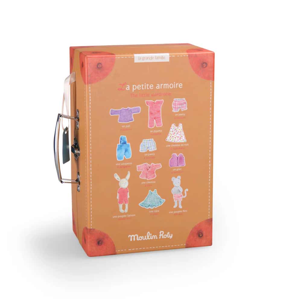 The Back view of La Petite Armoire from Moulin Roty’s La Grande Famille—closed suitcase featuring soft vintage-style illustration & carry handles, available at Michelle Kindness Design.