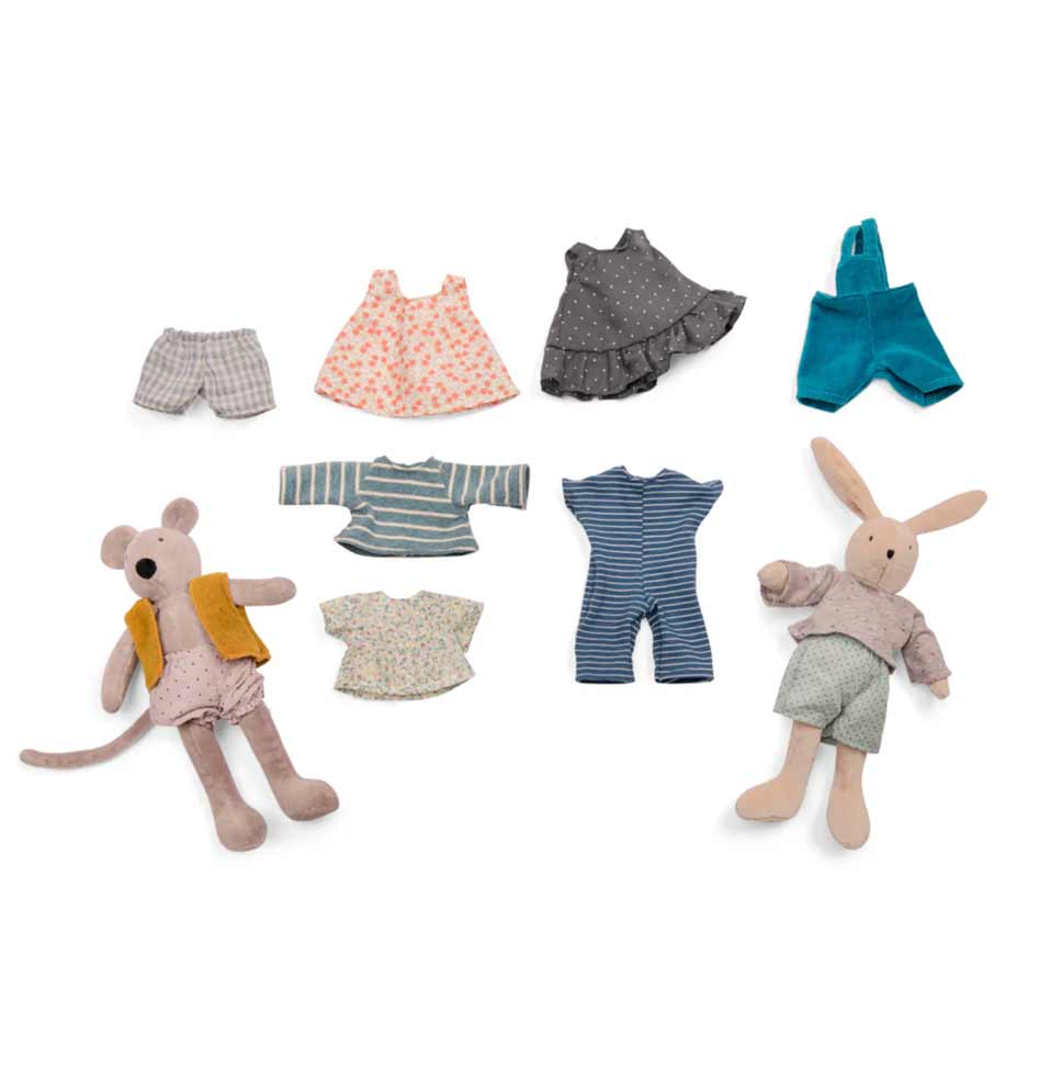 Flat lay of La Petite Armoire from Moulin Roty’s La Grande Famille, featuring miniature clothes & characters from the collection—available at Michelle Kindness Design.