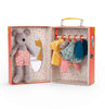 Open view of La Petite Armoire de Nini from Moulin Roty, revealing miniature wardrobe with hanging clothes, mirror & accessories—available at Michelle Kindness Design.