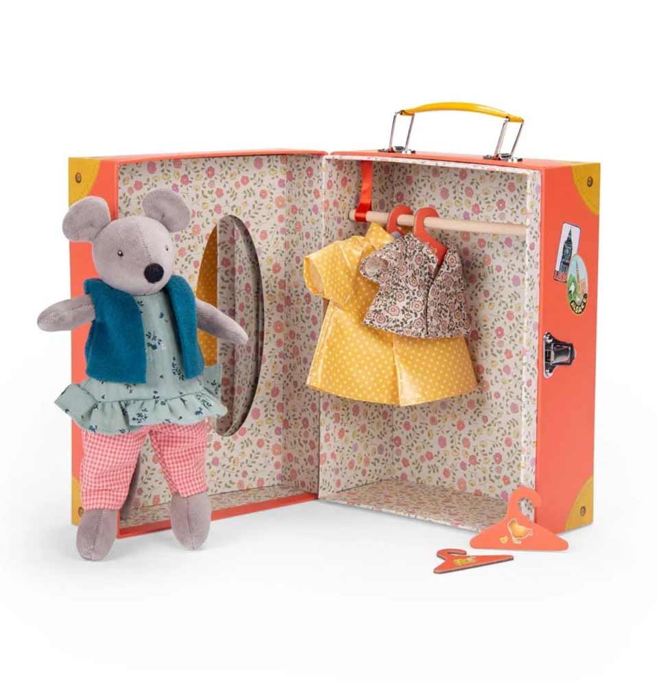 Nini the mouse from Moulin Roty’s La Grande Famille, dressed in vest, top and pants from La Petite Armoire de Nini set—available at Michelle Kindness Design.